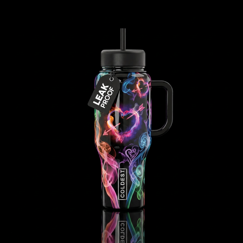 Glossy balck background with pink,orange, blue, pu... water bottle design