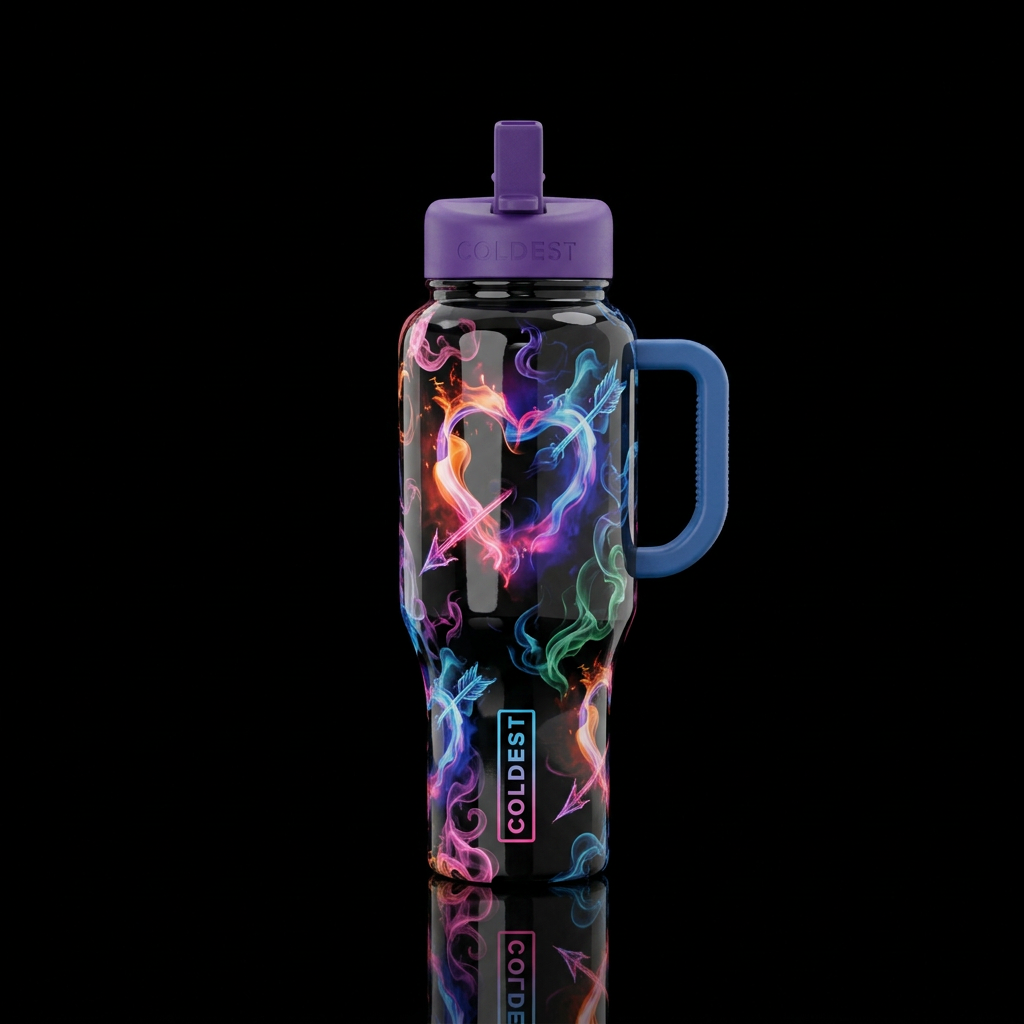 Glossy balck background with pink,orange, blue, pu... water bottle design
