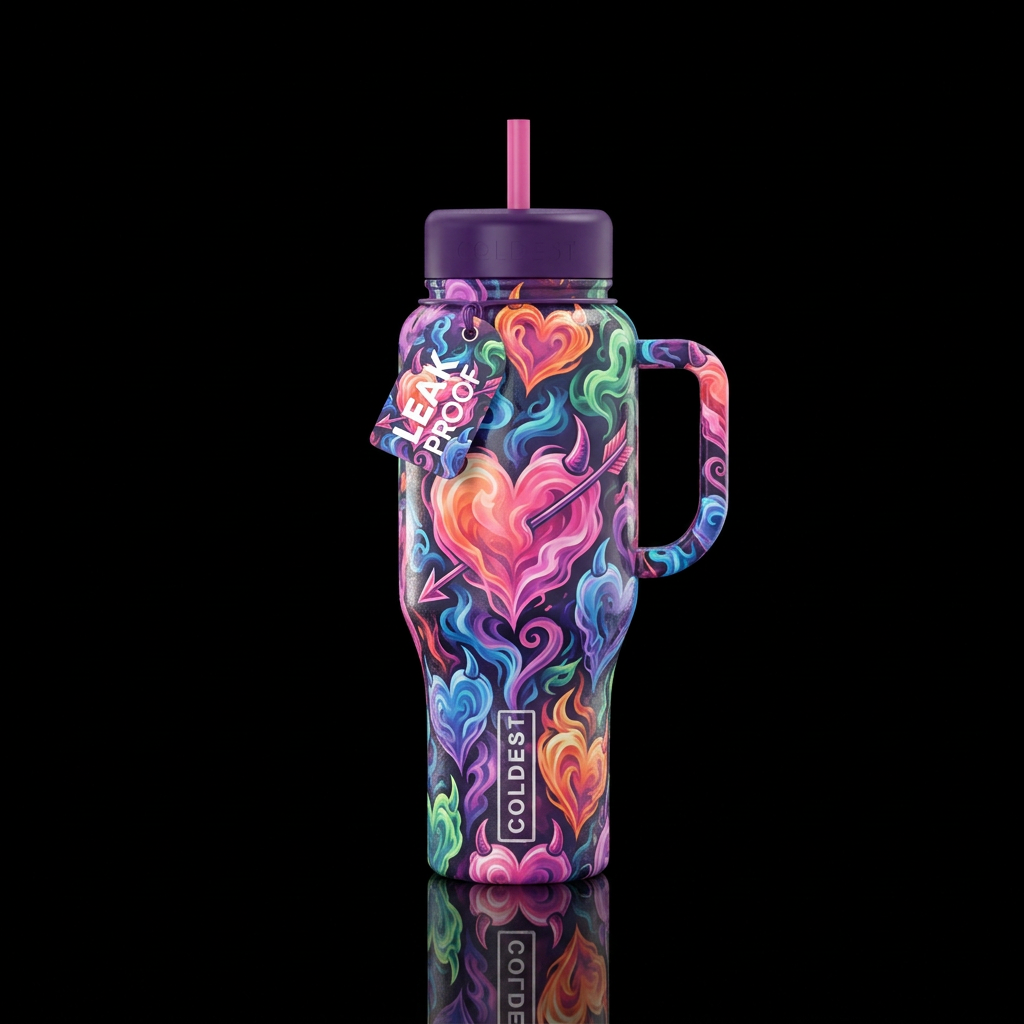 Glossy balck background with pink,orange, blue, pu... water bottle design