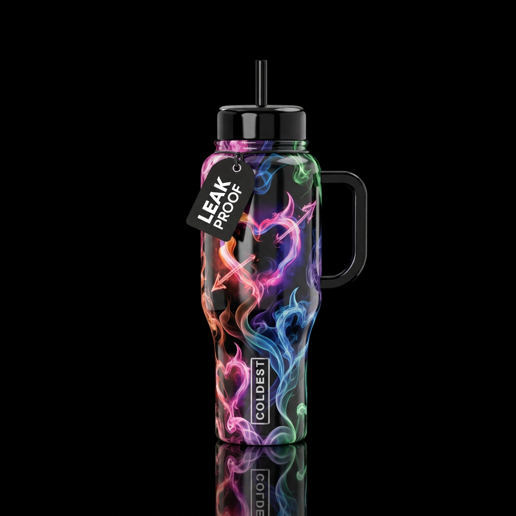 Glossy balck background with pink,orange, blue, pu... water bottle design