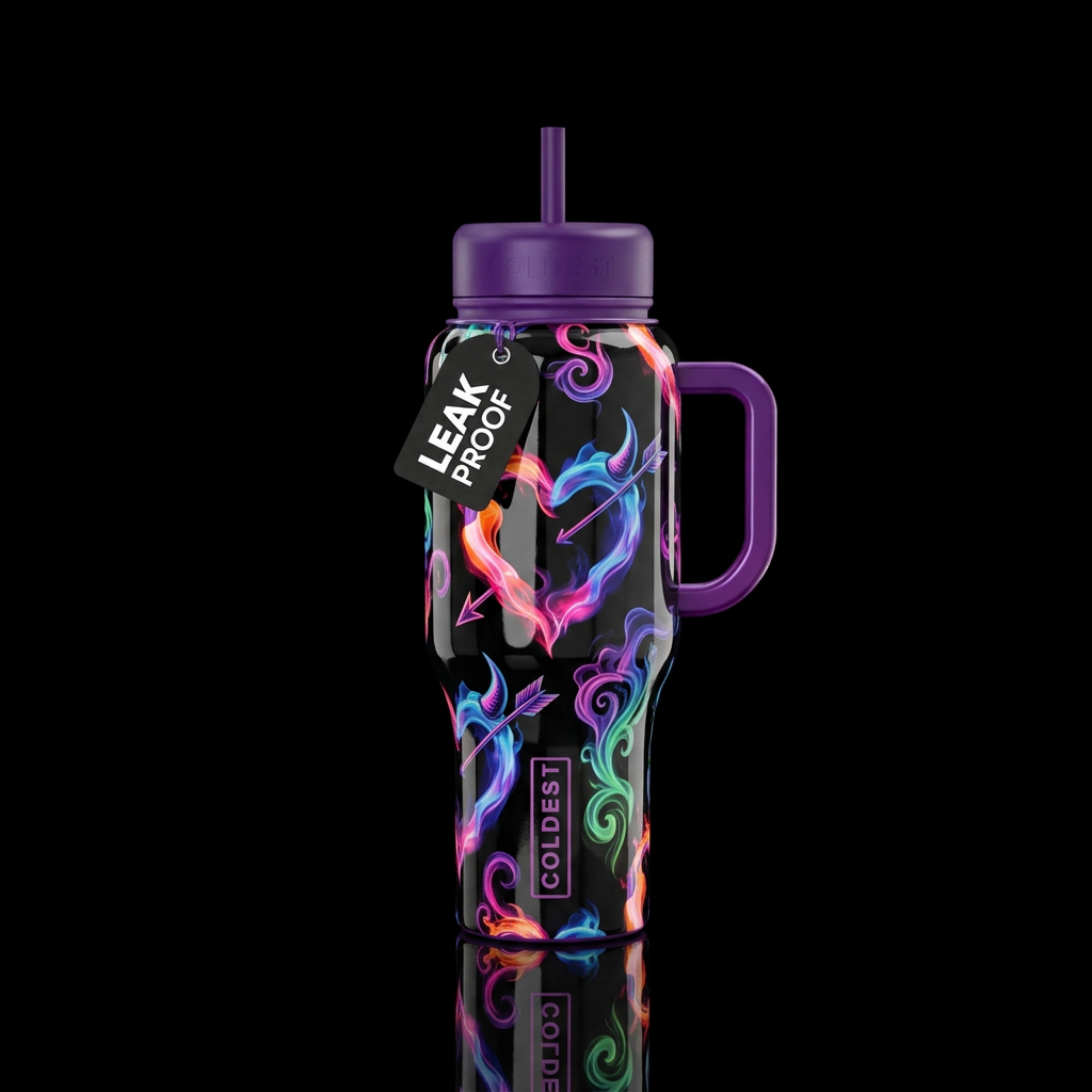 Glossy balck background with pink,orange, blue, pu... water bottle design