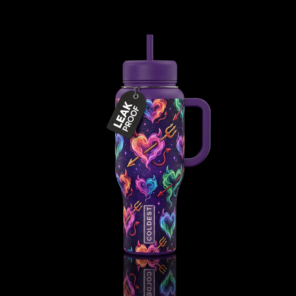 Dark sparkling midnight purple background with smo... water bottle design