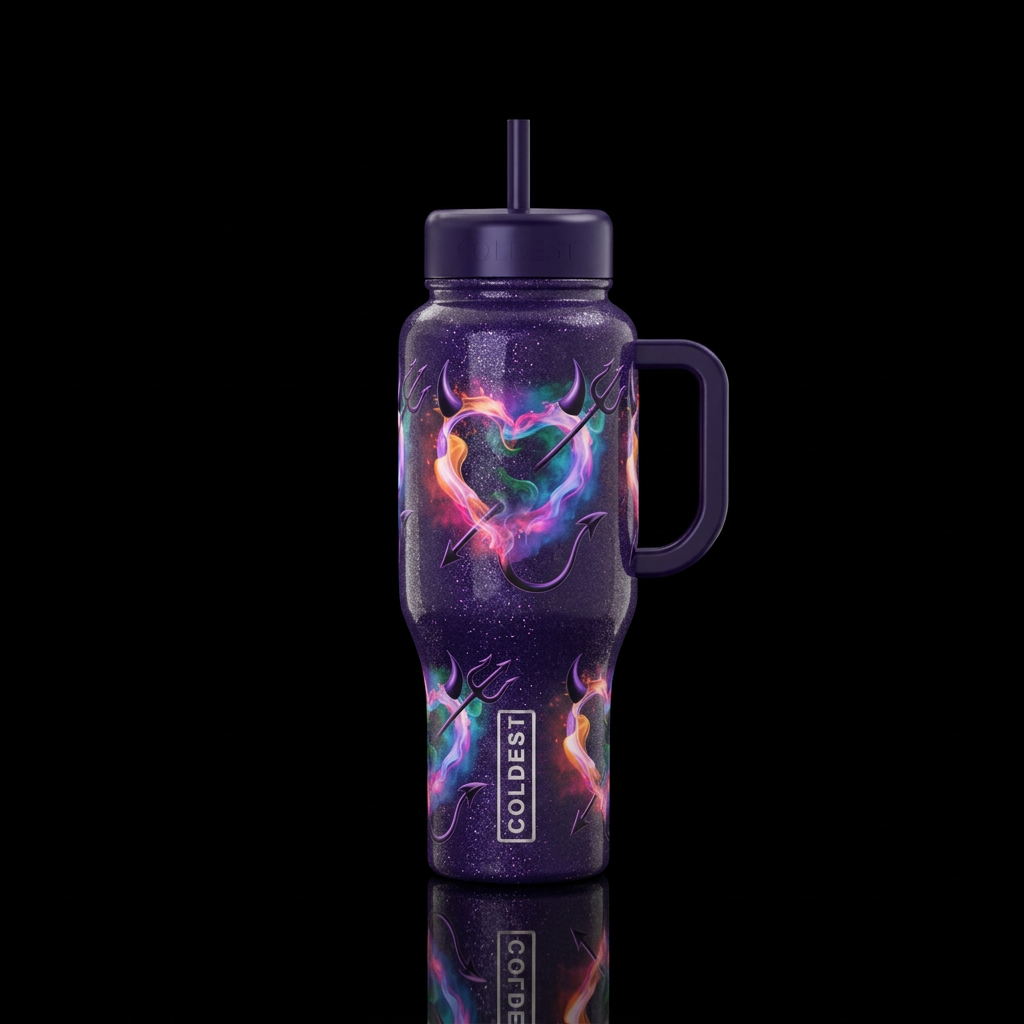 Dark sparkling midnight purple background with smo... water bottle design