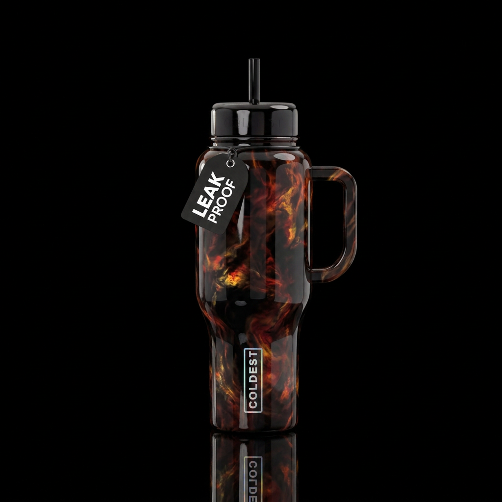 Hell fire inspired opal with glossy black backgrou... water bottle design