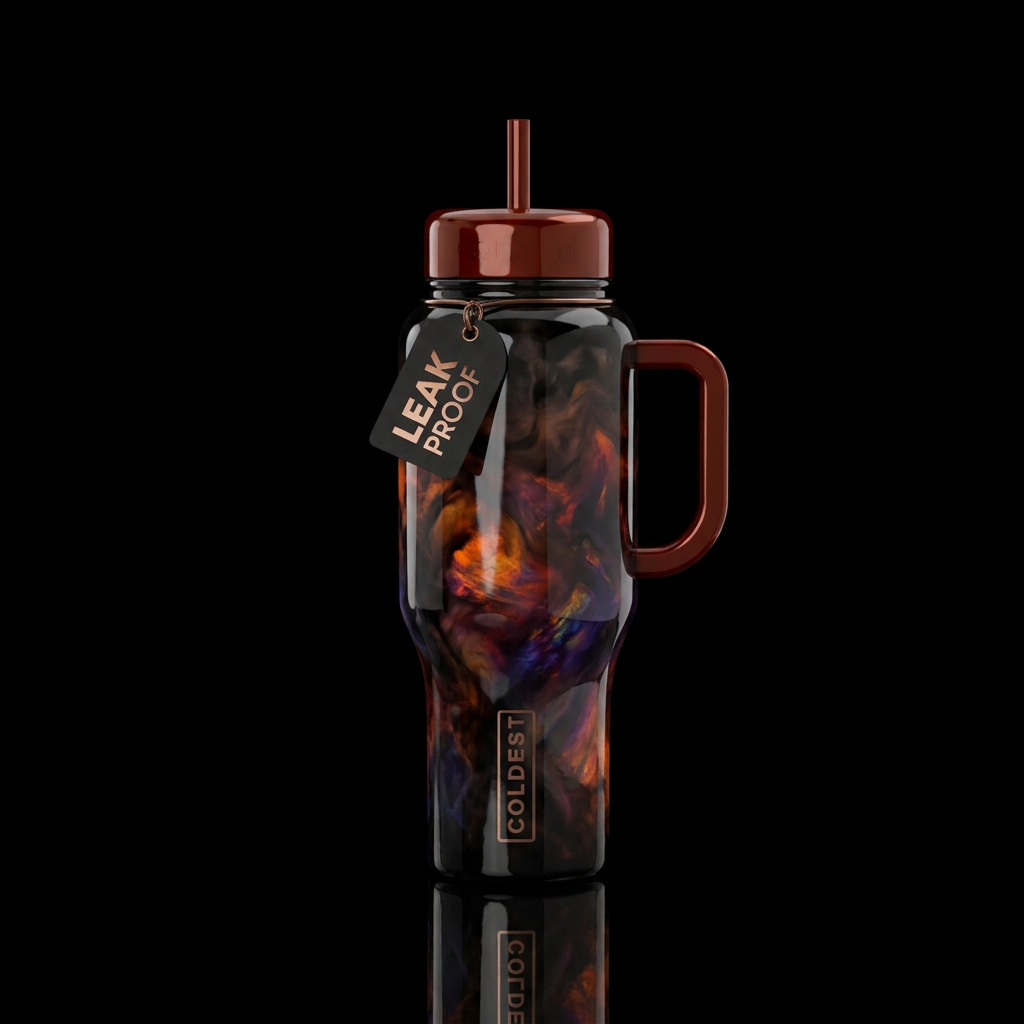 Hell fire inspired opal with glossy black backgrou... water bottle design