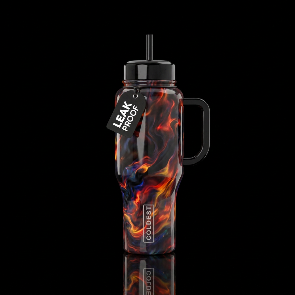 Hell fire inspired opal with glossy black backgrou... water bottle design