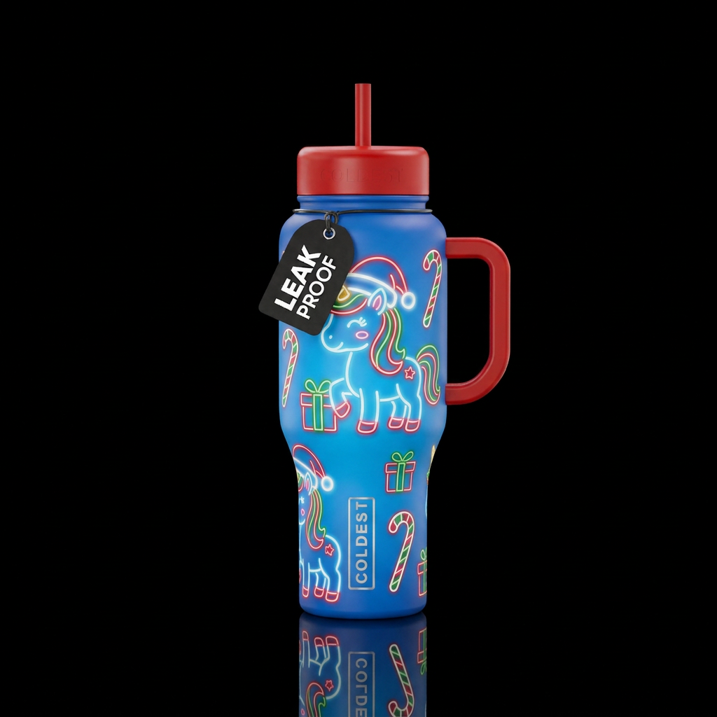 Glowie christmas cartoon unicorns outlines wearing... water bottle design