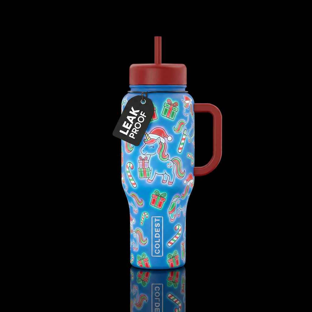 Glowie christmas cartoon unicorns outlines wearing... water bottle design