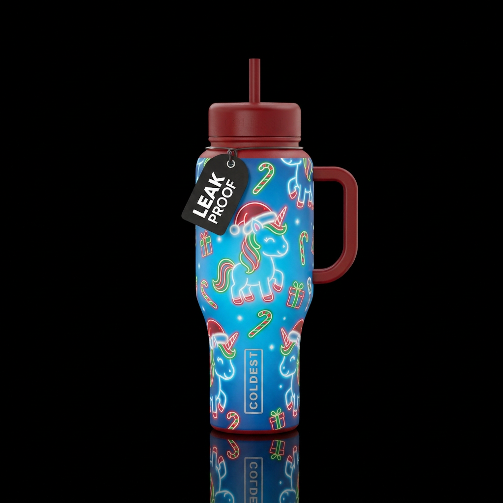 Glowie christmas cartoon unicorns outlines wearing... water bottle design