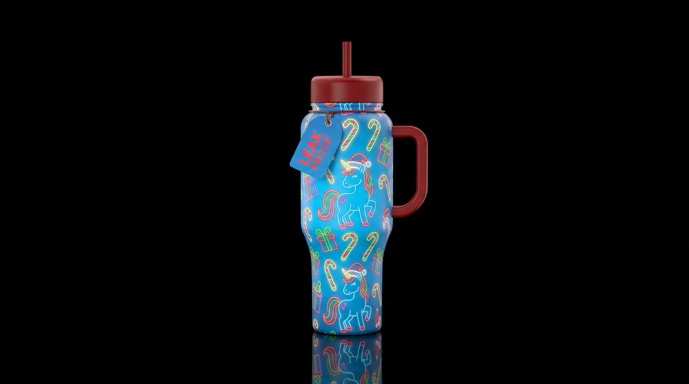 Glowie christmas cartoon unicorns outlines wearing... water bottle design