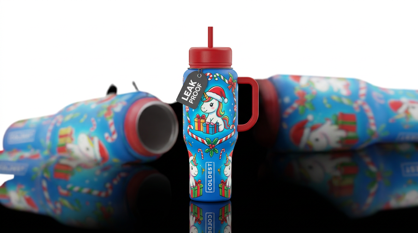 Glowie christmas cartoon unicorns wearing santa ha... water bottle design