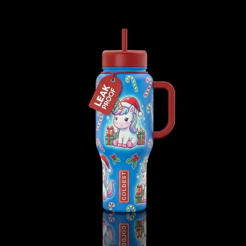 Glowie christmas cartoon unicorns wearing santa ha... water bottle design