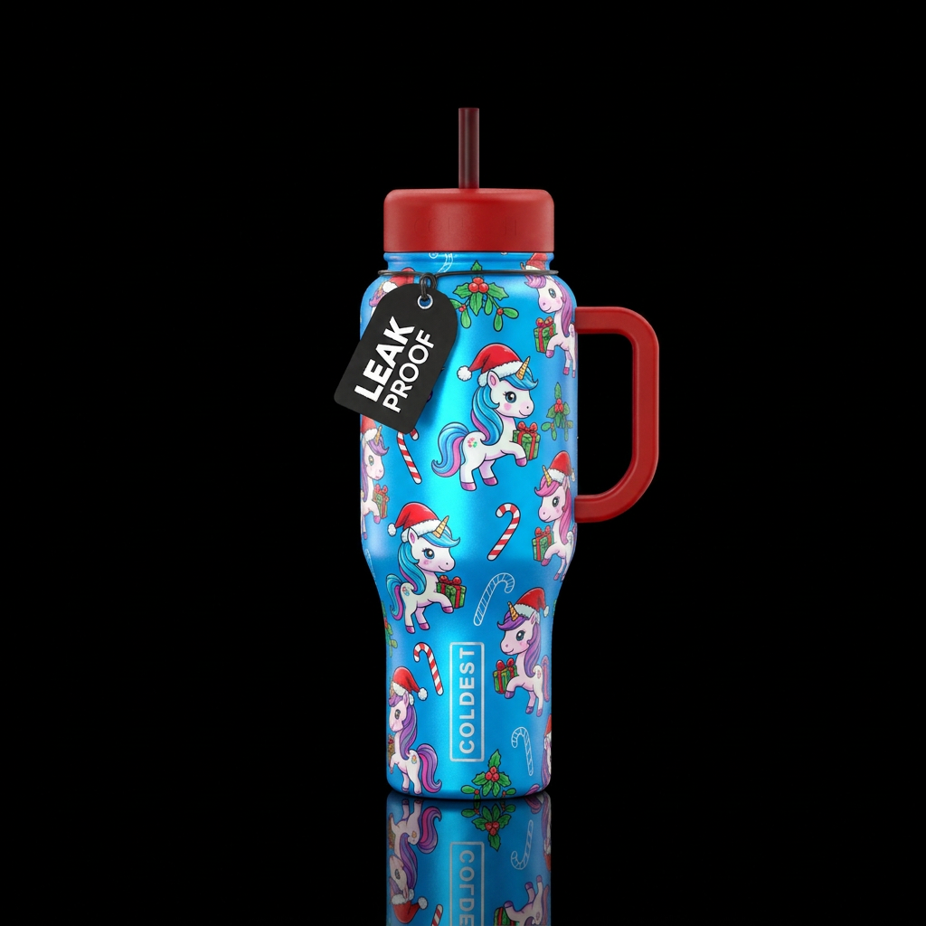 Glowie christmas cartoon unicorns wearing santa ha... water bottle design