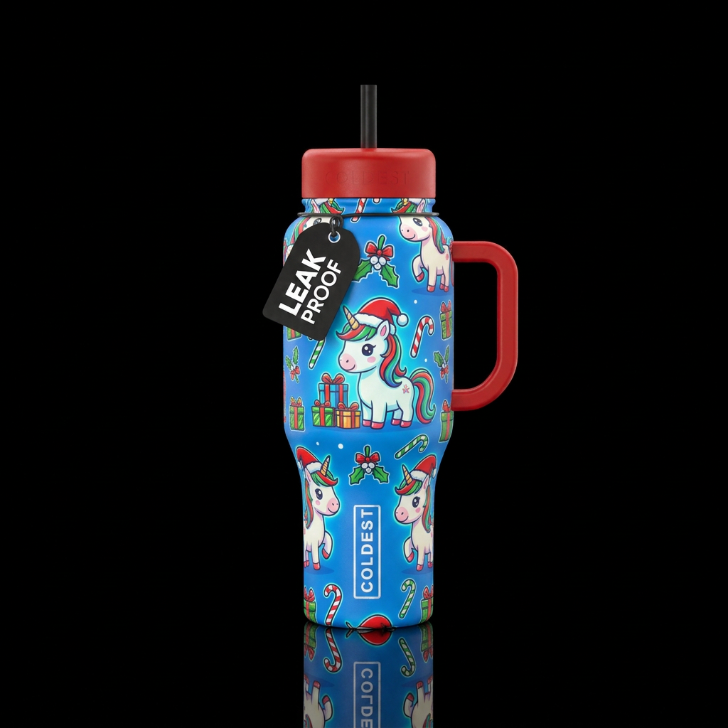 Glowie christmas cartoon unicorns wearing santa ha... water bottle design