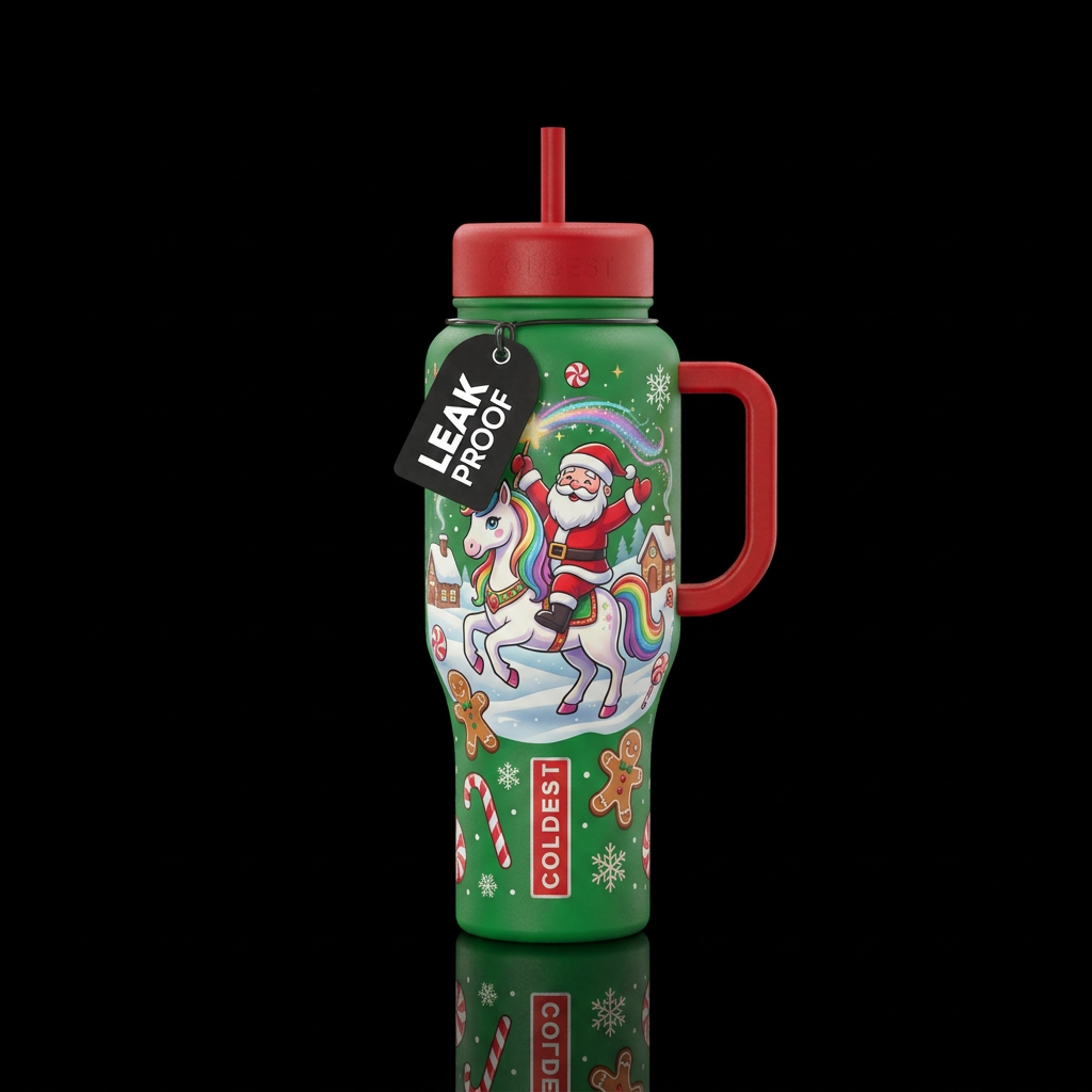 Cartoon Santa riding a unicorn funny cute with can... water bottle design