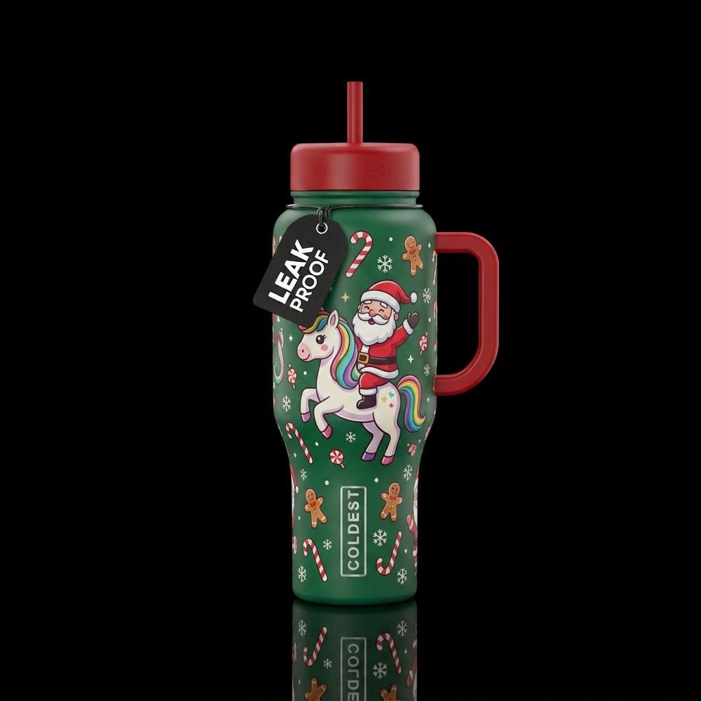 Cartoon Santa riding a unicorn funny cute with can... water bottle design