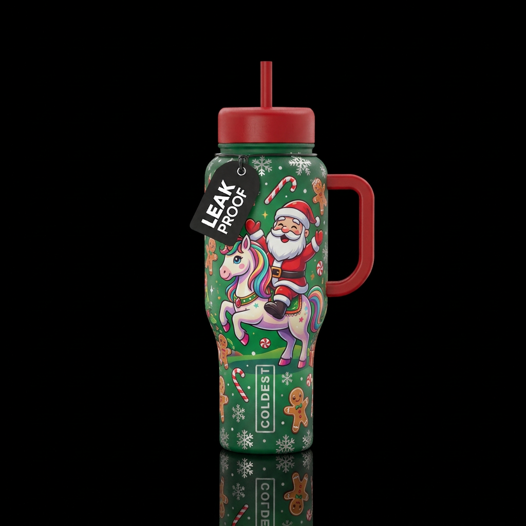 Cartoon Santa riding a unicorn funny cute with can... water bottle design