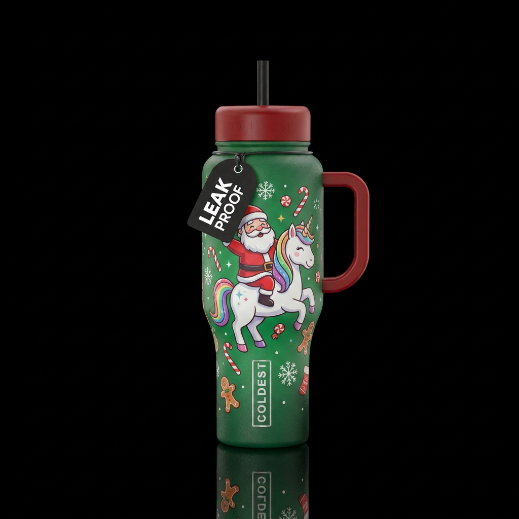 Cartoon Santa riding a unicorn funny cute with can... water bottle design