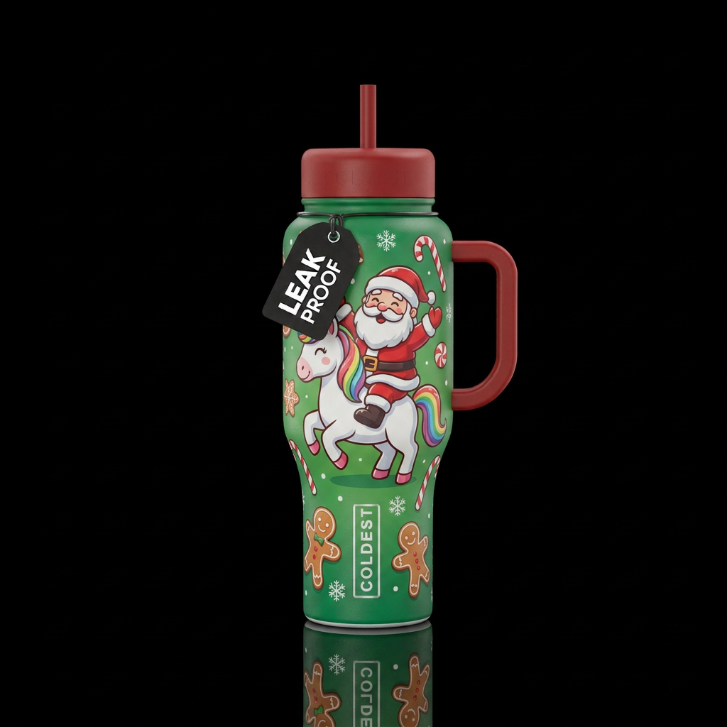 Cartoon Santa riding a unicorn funny cute with can... water bottle design
