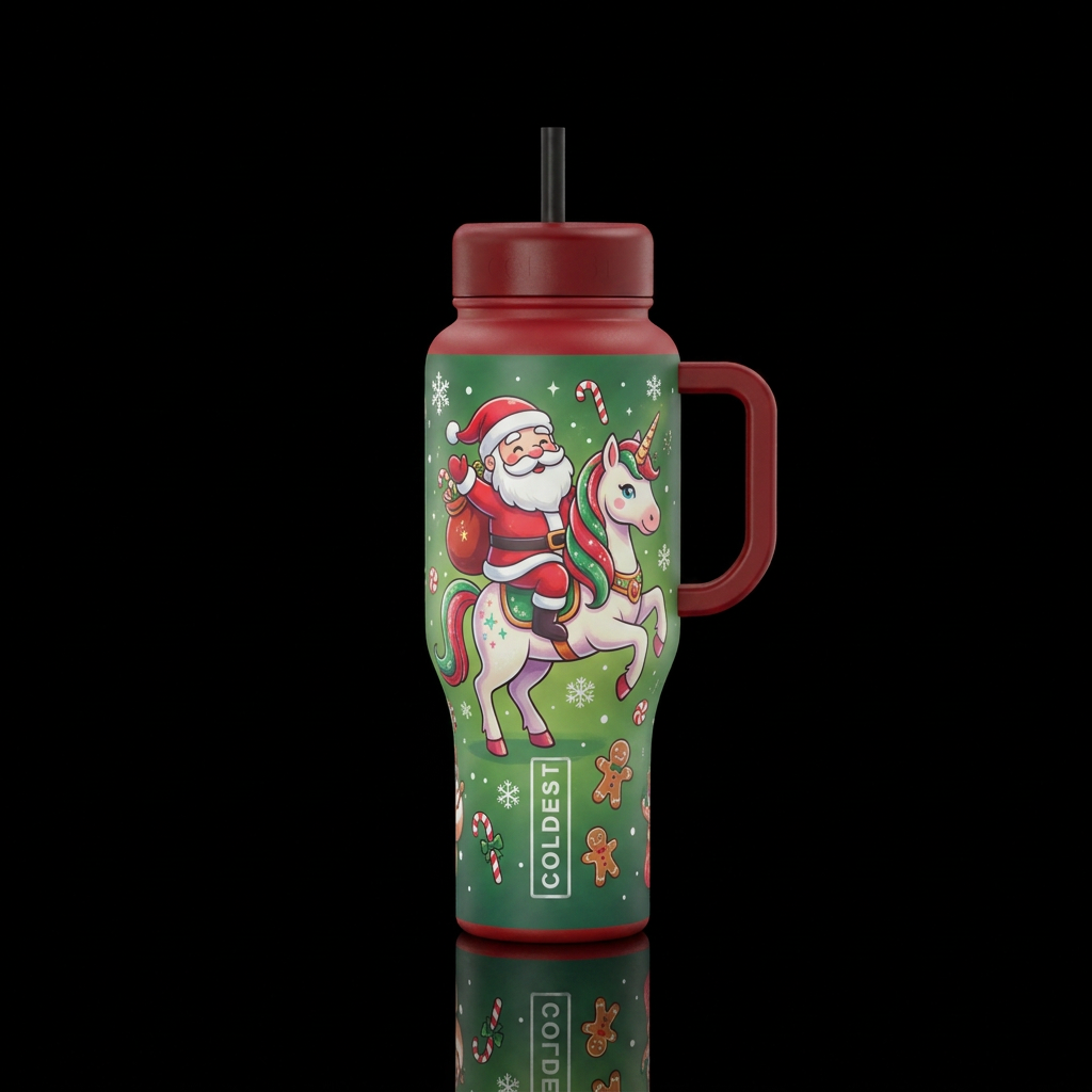 Cartoon Santa riding a unicorn funny cute with can... water bottle design