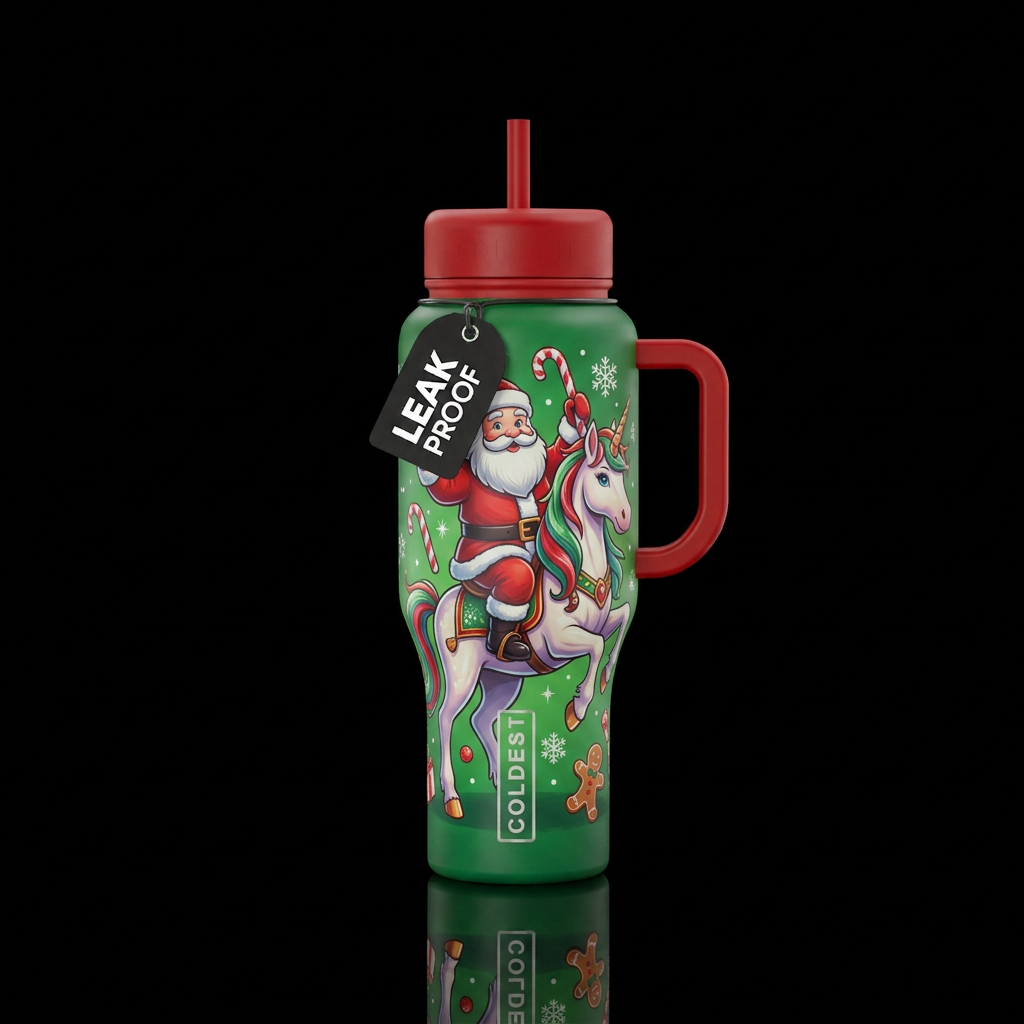 Cartoon Santa riding a unicorn funny cute with can... water bottle design