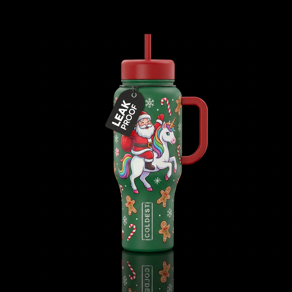 Cartoon Santa riding a unicorn funny cute with can... water bottle design