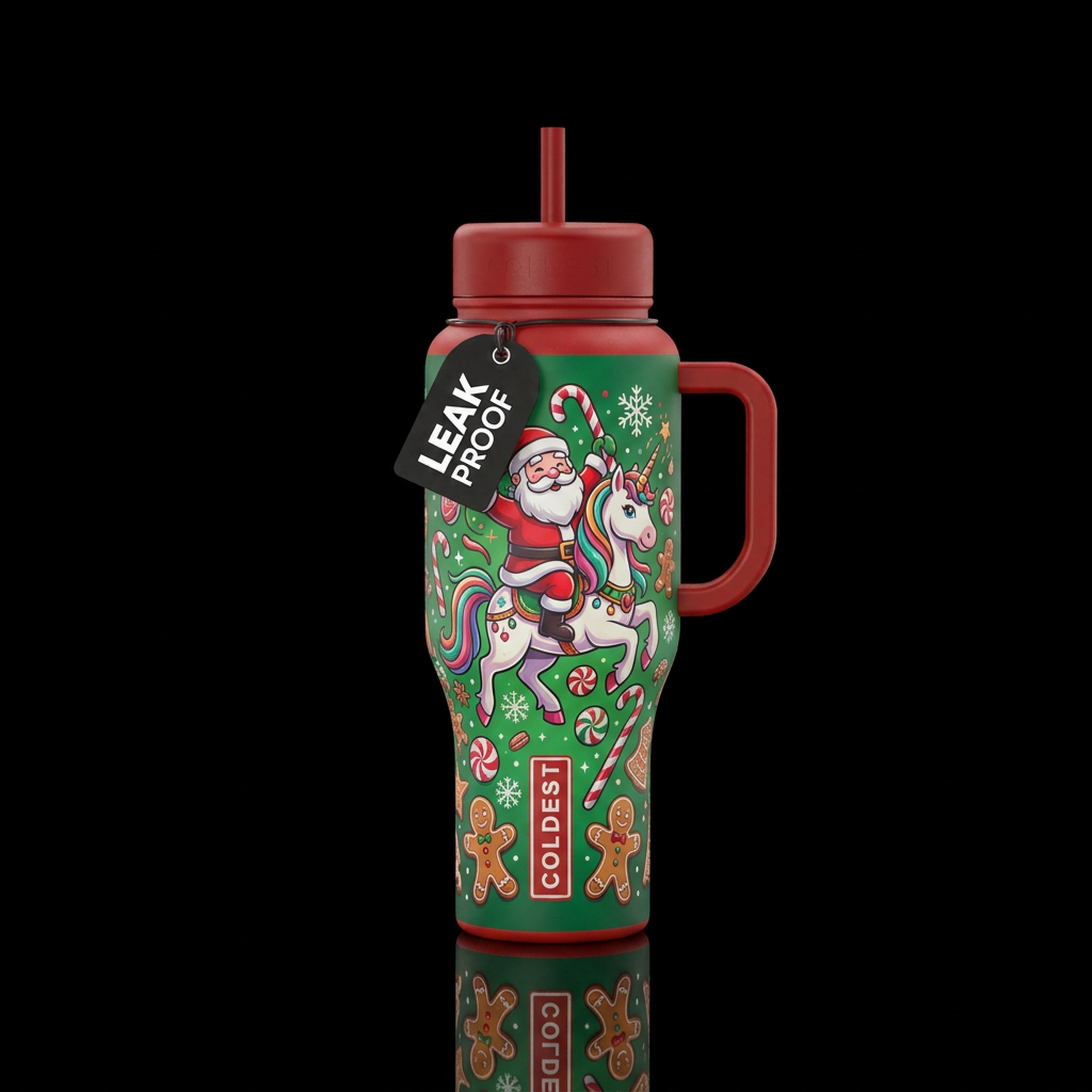 Cartoon Santa riding a unicorn funny cute with can... water bottle design