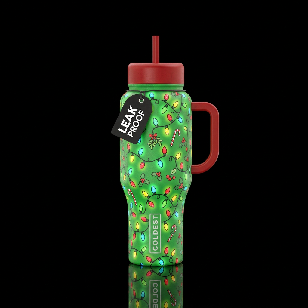 Cartoon inbued christmas lights wrapped all over w... water bottle design