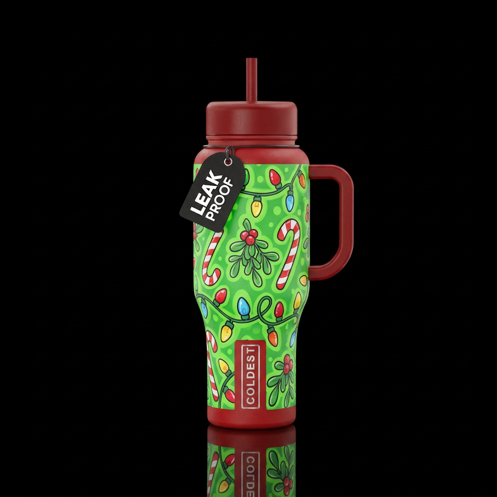 Cartoon inbued christmas lights wrapped all over w... water bottle design