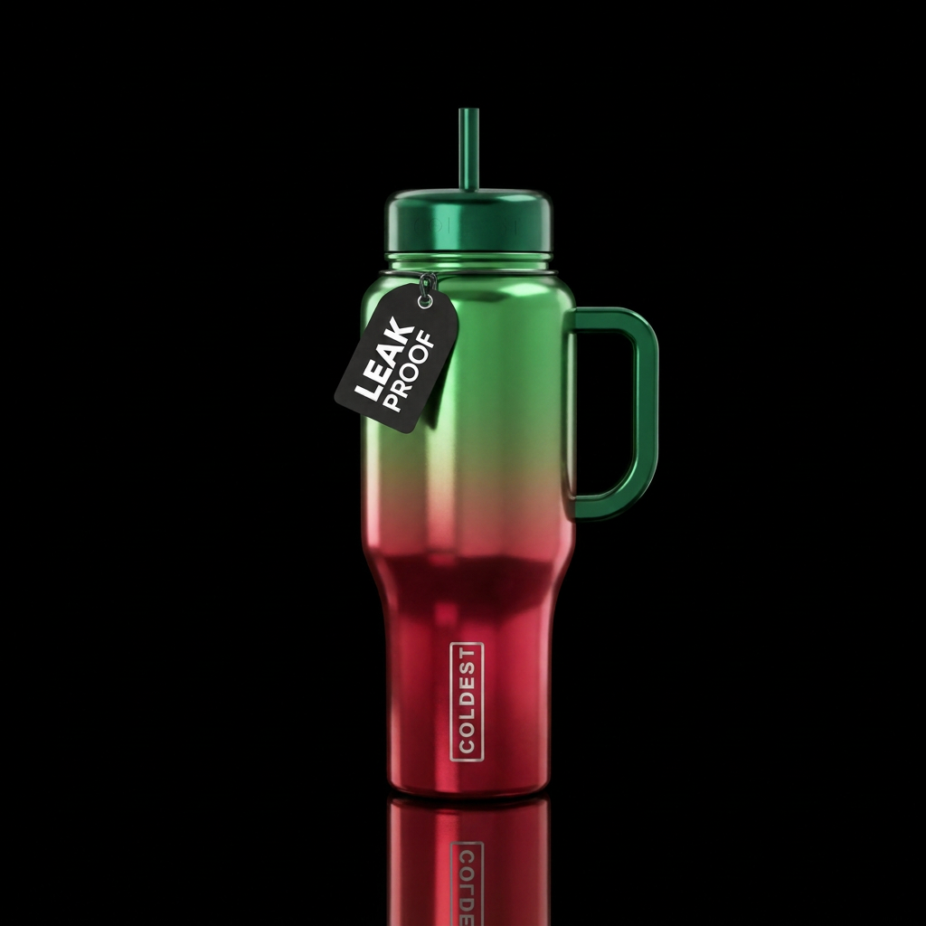 Shiny metallic red shiny metallic green ombre, bea... water bottle design