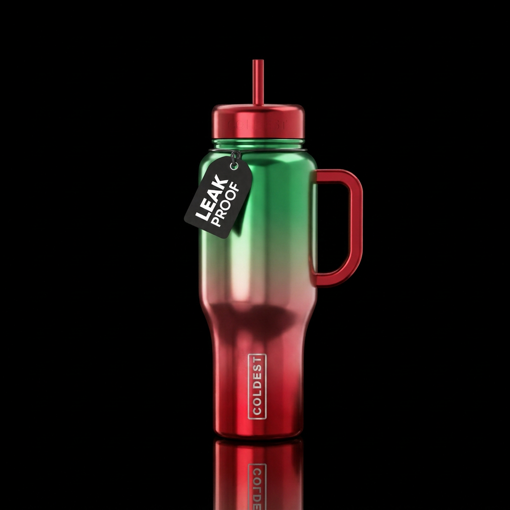 Shiny metallic red shiny metallic green ombre, bea... water bottle design