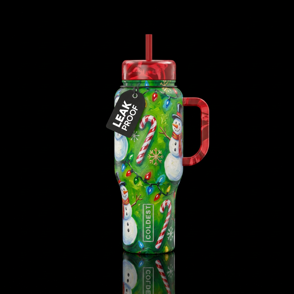 Oil painted snowmen, candy canes, christmas lights... water bottle design