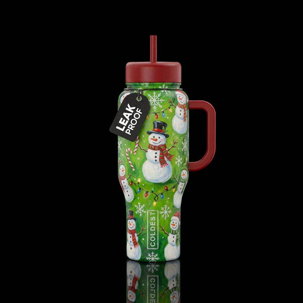Oil painted snowmen, candy canes, christmas lights... water bottle design