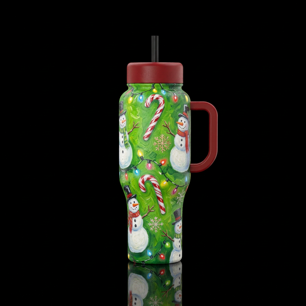 Oil painted snowmen, candy canes, christmas lights... water bottle design
