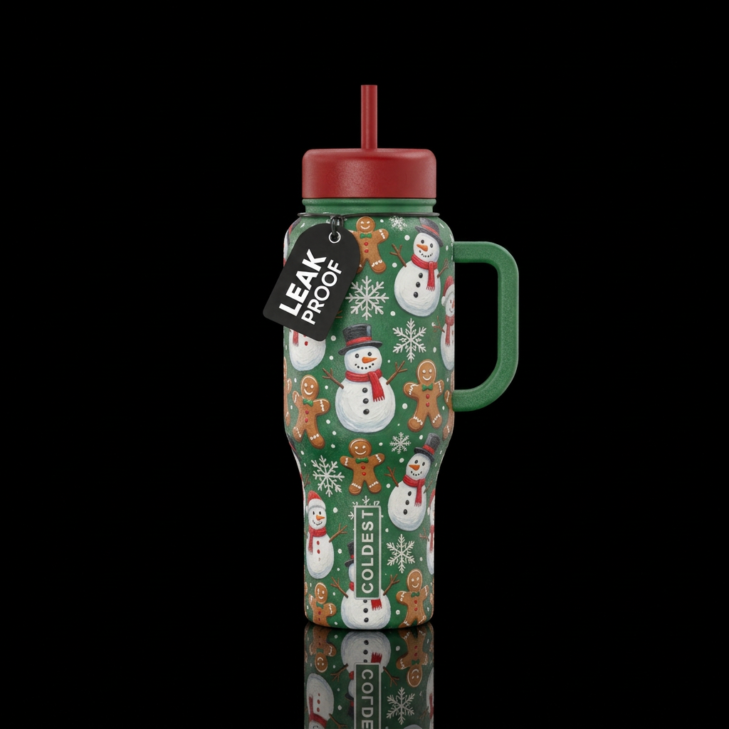 Textured painted snowflakes and snowmen and ginger... water bottle design