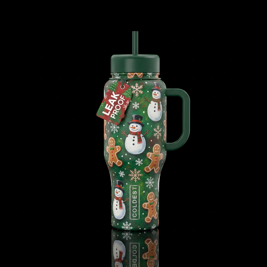 Textured painted snowflakes and snowmen and ginger... water bottle design