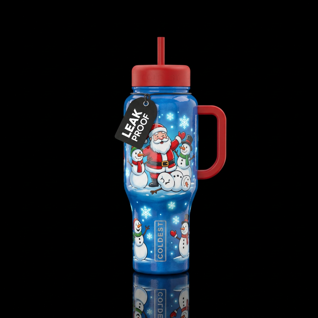Cartoon Santa and Snowmen with glow in the dark sn... water bottle design