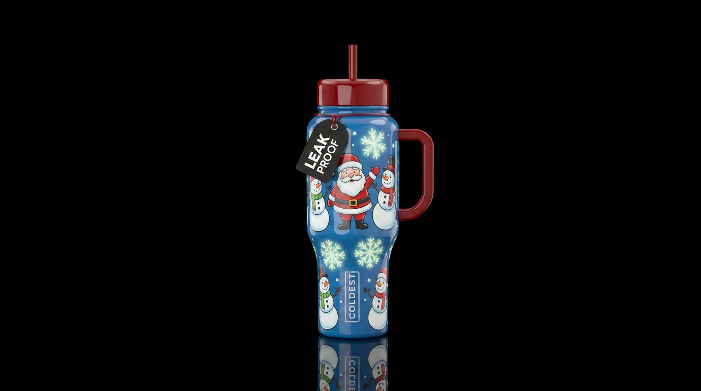 Cartoon Santa and Snowmen with glow in the dark sn... water bottle design