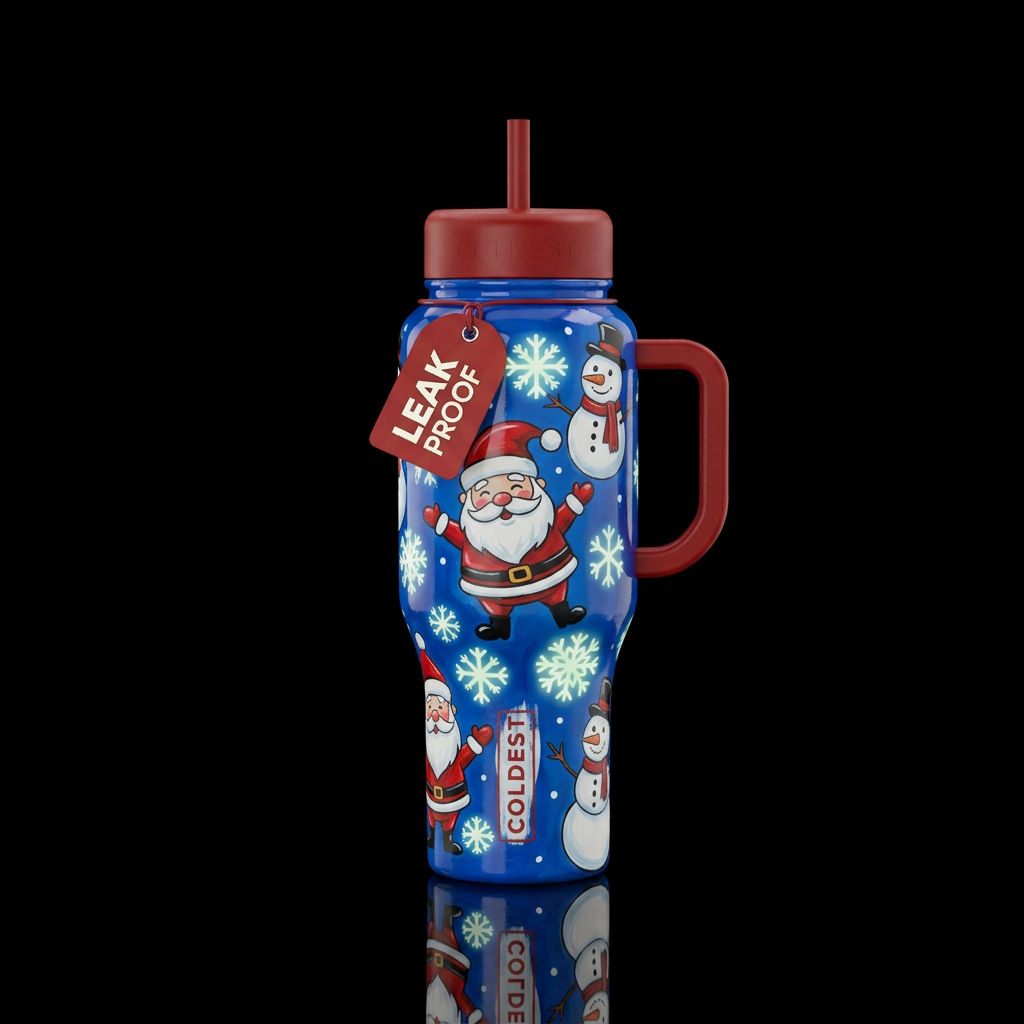 Cartoon Santa and Snowmen with glow in the dark sn... water bottle design
