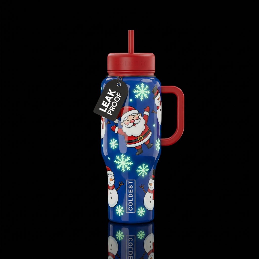 Cartoon Santa and Snowmen with glow in the dark sn... water bottle design