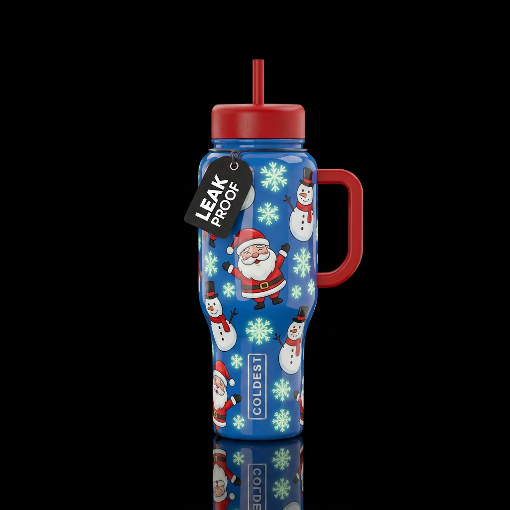 Cartoon Santa and Snowmen with glow in the dark sn... water bottle design