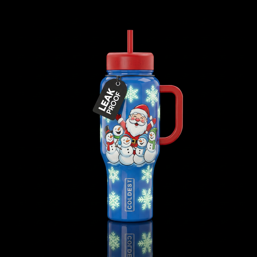 Cartoon Santa and Snowmen with glow in the dark sn... water bottle design