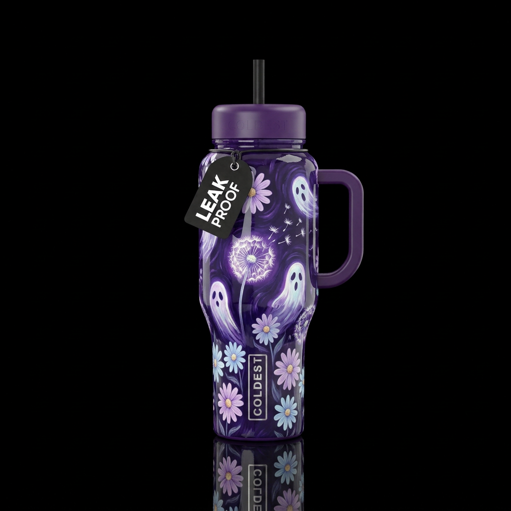 Glossy dark purple background with Van Gogh inspir... water bottle design