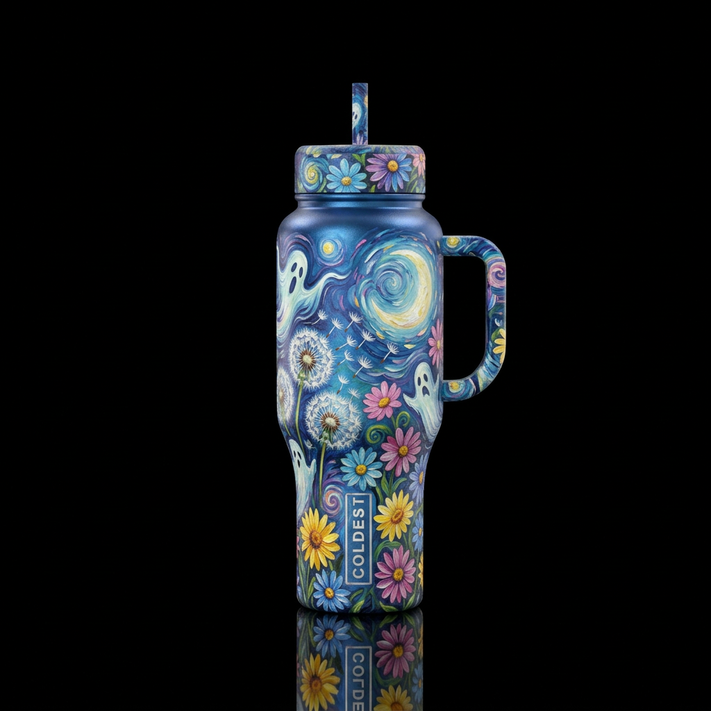 Metallic midnight blue background with Van Gogh in... water bottle design