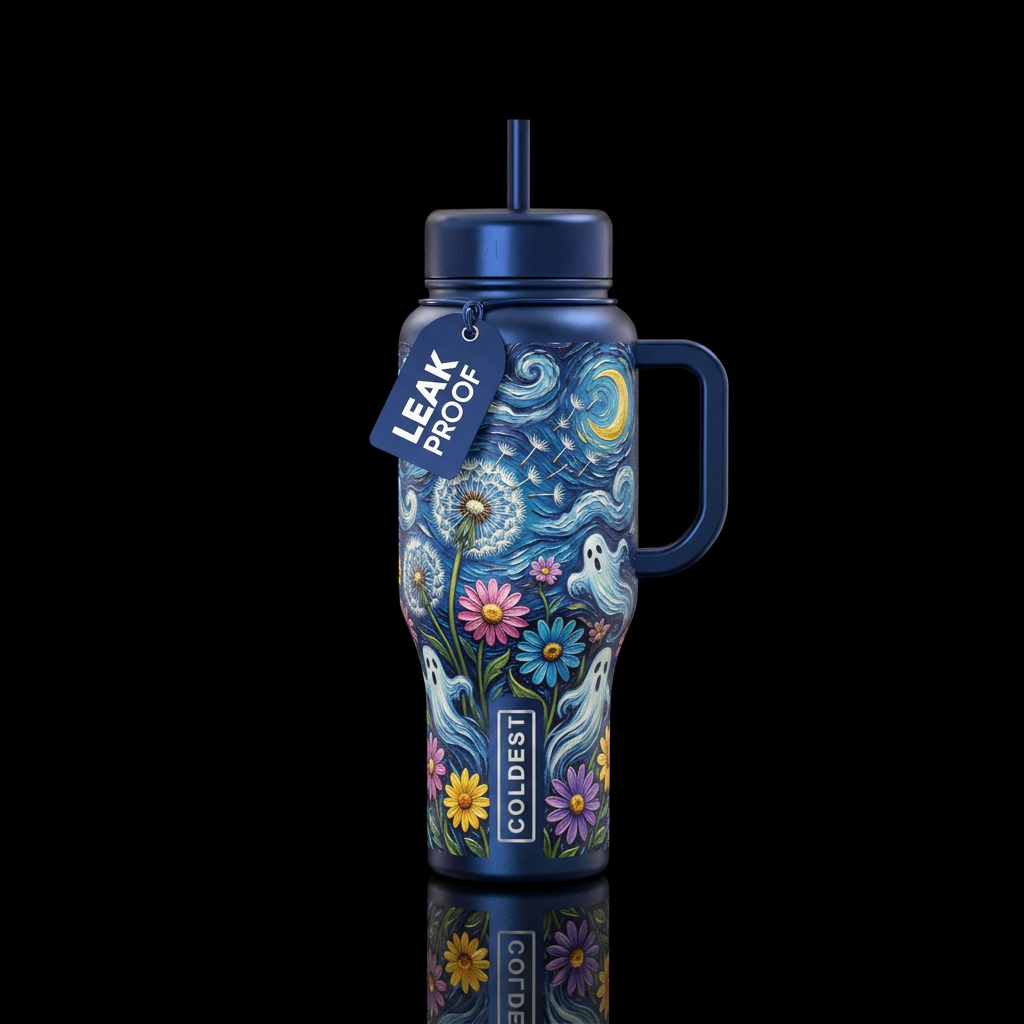 Metallic midnight blue background with Van Gogh in... water bottle design