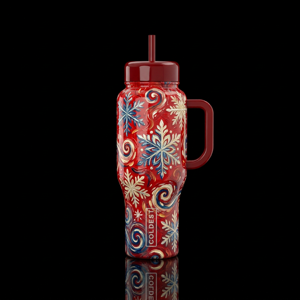 Glossy bright red background with Van Gogh inspire... water bottle design