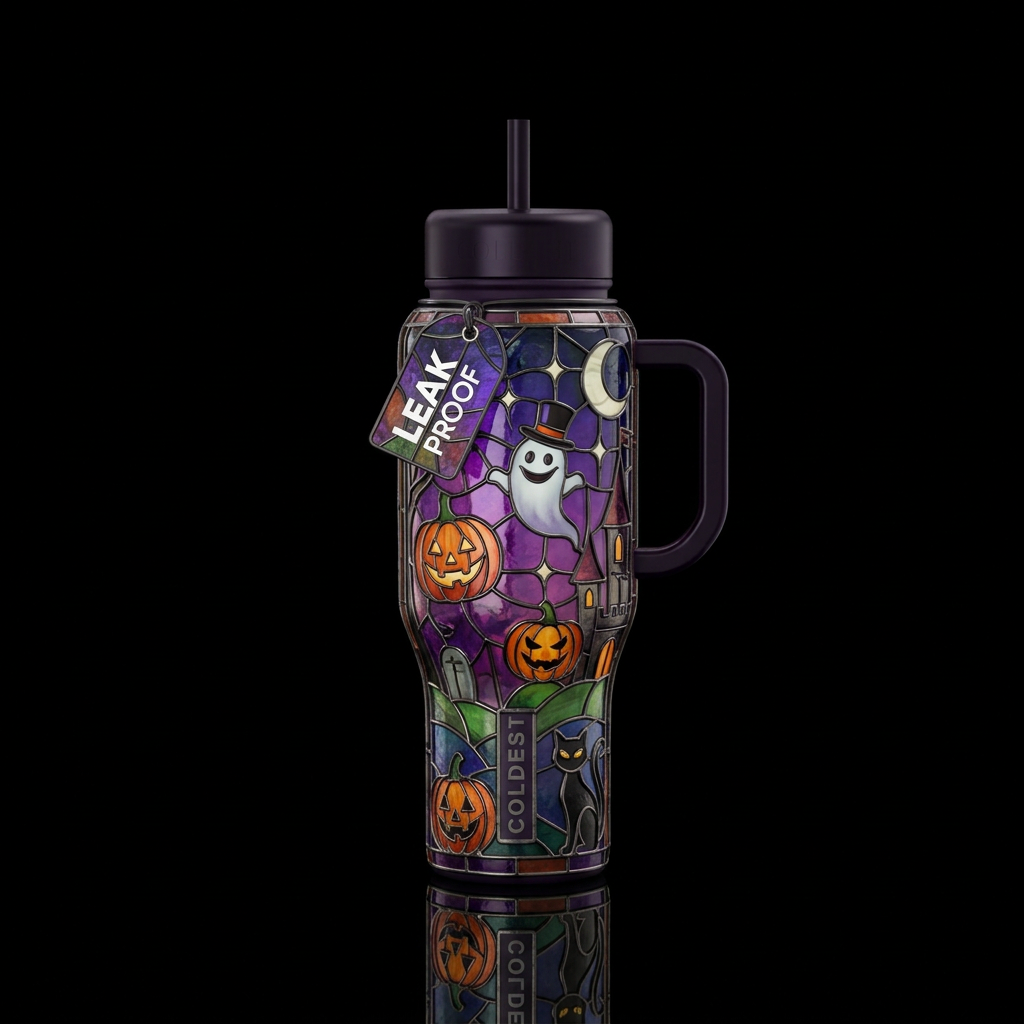 Halloween inbued stained glass art, funny, scary, ... water bottle design