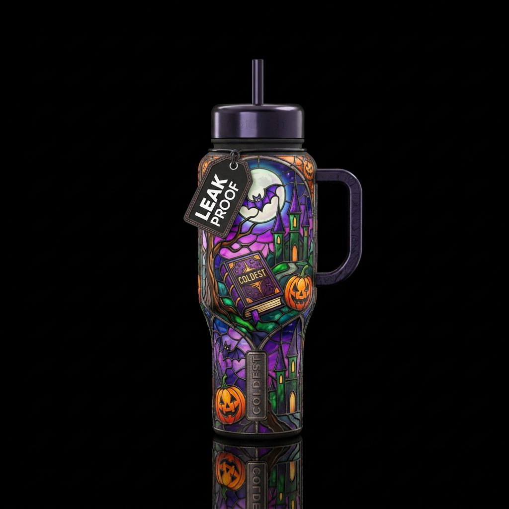 Halloween inbued stained glass art, funny, scary, ... water bottle design