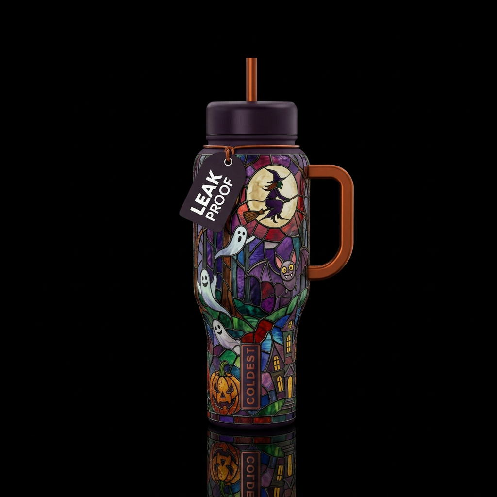 Halloween inbued stained glass art, funny, scary, ... water bottle design