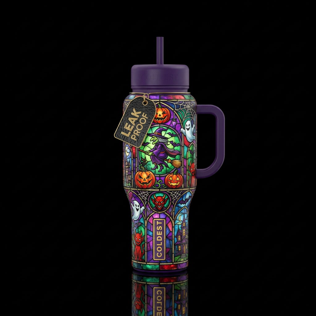 Halloween inbued stained glass art, funny, scary, ... water bottle design